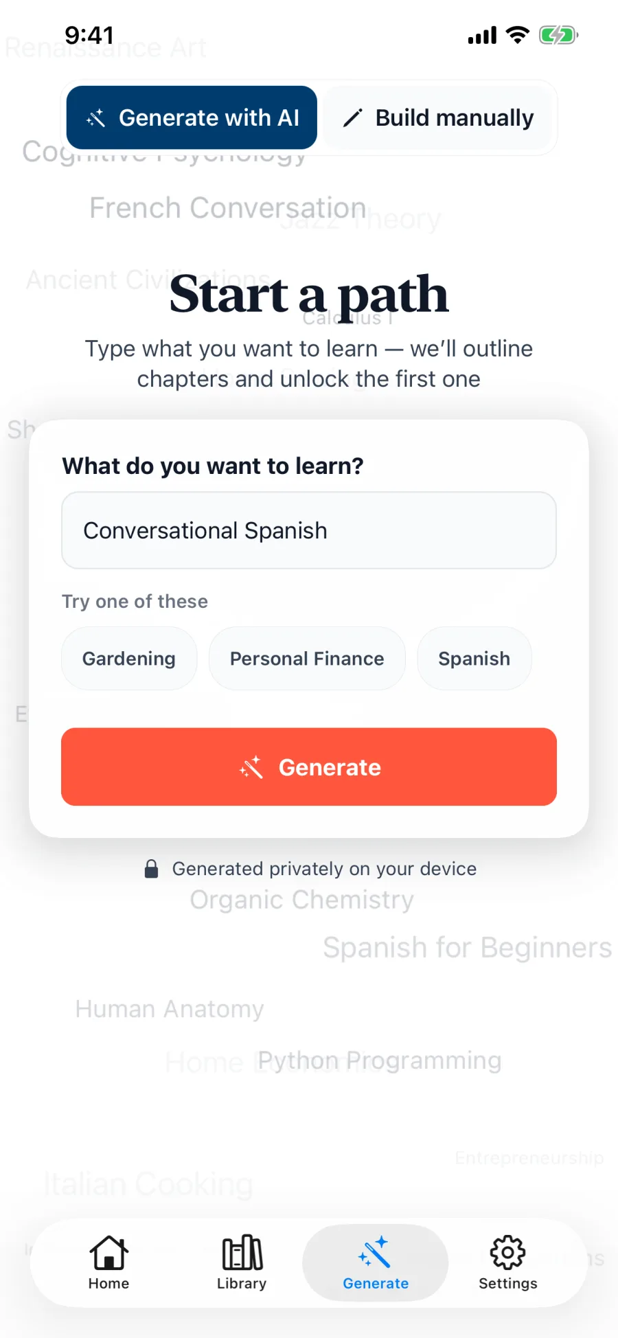 Lexidex screen for creating a Conversational Spanish learning path
