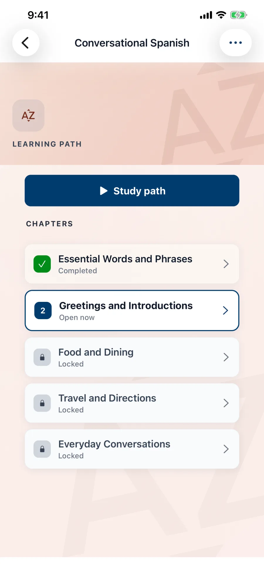 Conversational Spanish learning path with completed, open, and locked chapters