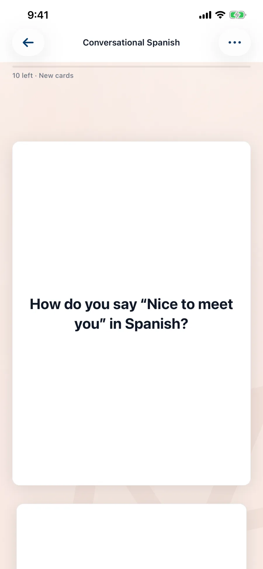 Lexidex study card asking how to say Nice to meet you in Spanish
