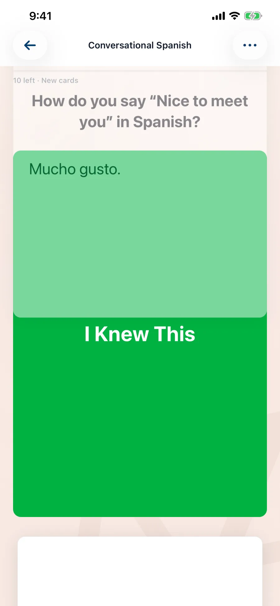 Lexidex answer review showing Mucho gusto and the I Knew This response