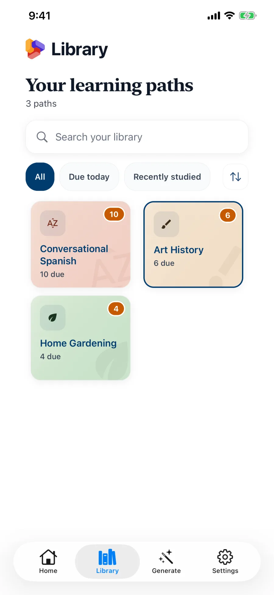 Lexidex library with Spanish, art history, and gardening learning paths